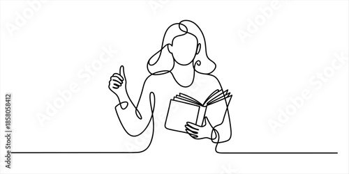 Continuous line drawing of a woman reading a book and giving a thumbs up Vector, illustration