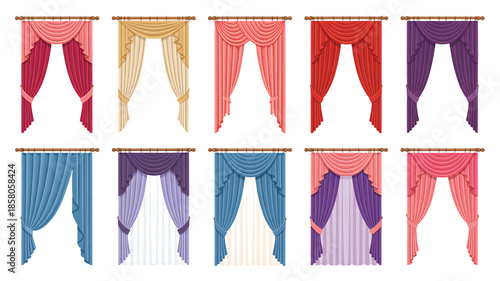 Colorful curtains in various hues and textures in soft natural lighting for home decor and interior design