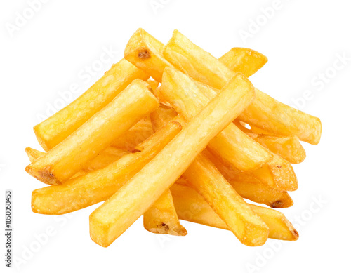 Pile of golden french fries isolated on a white background.