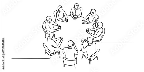 Group of people sitting around a table in a meeting Vector, illustration