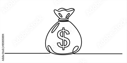 Continuous line drawing of a money bag with a dollar symbol on a white background Vector, illustration