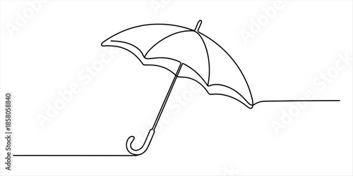 A simple and elegant continuous line drawing illustration of an open umbrella against a white background. Vector, illustration