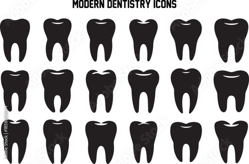 Collection of Simple Black Tooth Icons for Dental Care Concepts