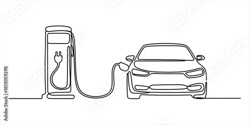 Single continuous line drawing of an electric car connected to a charging station Vector, illustration
