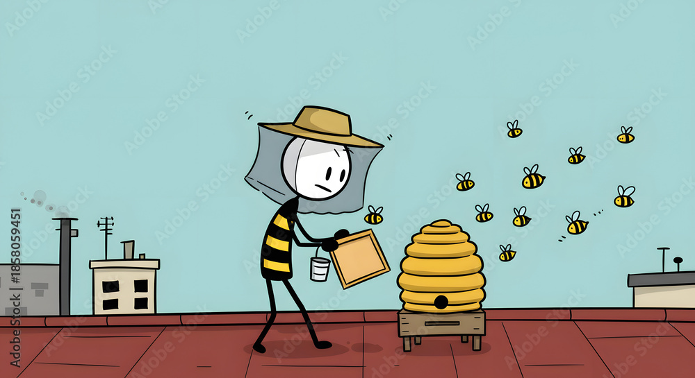 custom made wallpaper toronto digitalCartoon beekeeper tending rooftop beehive with flying bees in urban setting