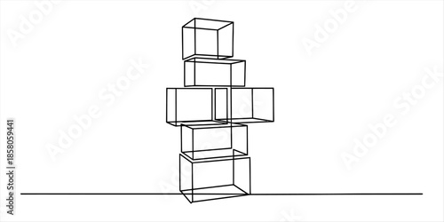 A minimalist outline drawing of six rectangular boxes stacked precariously Vector, illustration