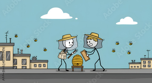 Wallpaper Mural Stick Figure Beekeepers Working with Beehive on City Rooftop Illustration Torontodigital.ca