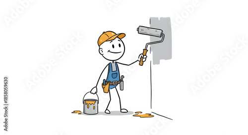 Wallpaper Mural Cartoon painter character in overalls with roller and paint bucket, renovating a wall. Home improvement illustration. Torontodigital.ca
