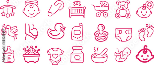 Baby Icons Set, Pink Line Style, Isolated on White Background
