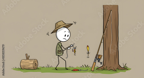Wallpaper Mural Confused cartoon fisherman untangling fishing lures by a tree, preparing for angling adventure with rod and tackle. Torontodigital.ca