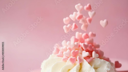 pink heart shape sugar sprinkles falling down on cone ice cream.ai  