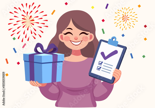 Illustration Happy Woman Holding Gift Box and Checklist Clipboard