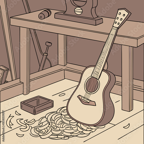 Acoustic Guitar on Wooden Floor in Rustic Room