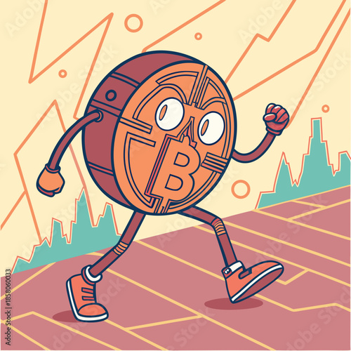 Animated Bitcoin Coin Character Running on Abstract Landscape
