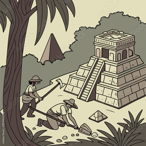 Archaeological Excavation of Mayan Pyramid in Lush Jungle Setting