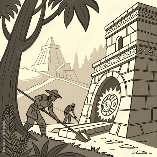 Archaeological Excavation at Ancient Temple Ruins in Lush Jungle Setting