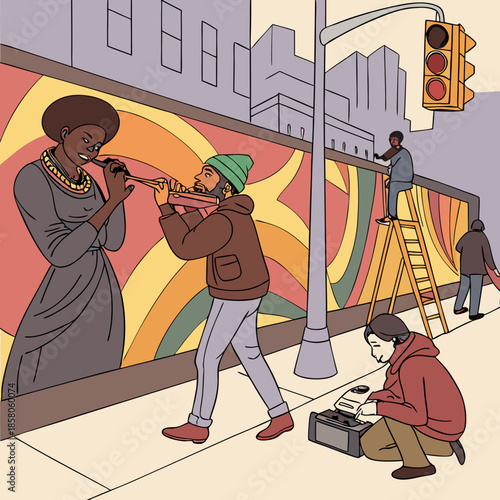 Artists Installing a Vibrant Geometric Mural on a City Street