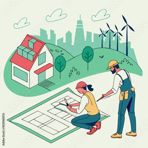 Architects Reviewing Eco-Friendly House Blueprint Near City Skyline