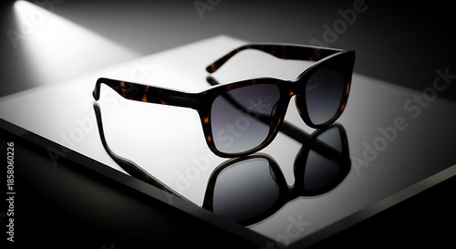 Stylish tortoise shell sunglasses resting on a reflective surface with dramatic lighting