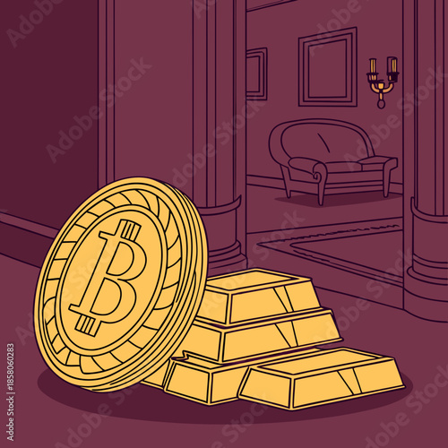 Bitcoin and Gold Bars in Luxurious Interior