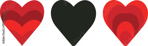 A striking trio of heart icons: two layered red and one solid black, symbolizing various emotions