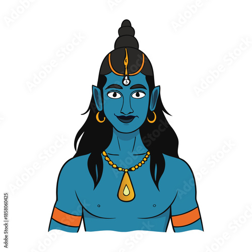 Serene Shiva portrait with calm eyes, crescent moon, flowing hair and sacred ash, radiating divine power, meditation, balance, and timeless spiritual grace.
