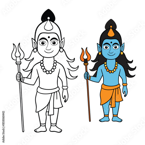 Peaceful Lord Shiva holds the sacred damru, radiating divine energy. Serene lines and symbolic details invite mindful coloring, celebrating balance, rhythm, and spiritual calm.
