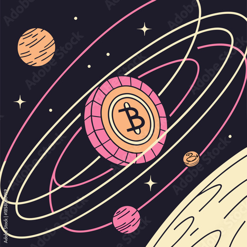 Bitcoin Galaxy: Pink and Orange Cryptocurrency Coin in Space Orbit