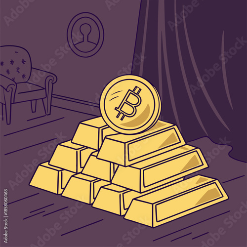 Bitcoin Gold Bars on Pyramid in Dark Room