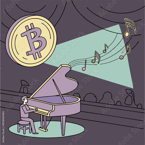 Bitcoin Music Performance: Pianist Playing Piano with Cryptocurrency Coin