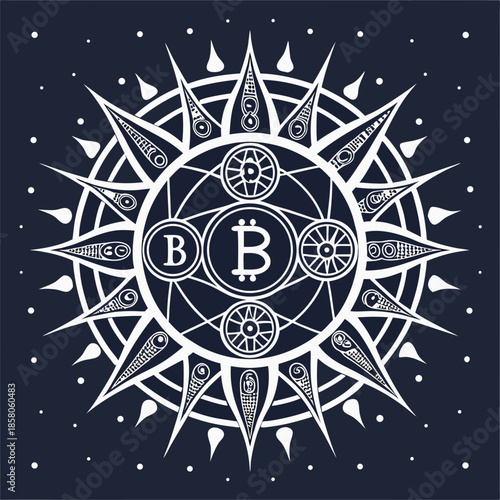 Bitcoin Mandala: White Cryptocurrency Symbol on Dark Blue Background