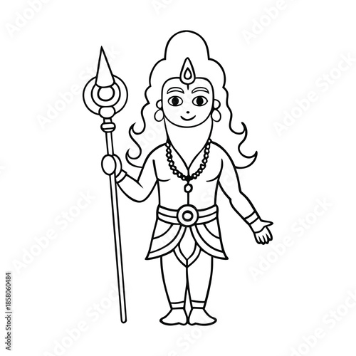 Peaceful Lord Shiva holds the sacred damru, radiating divine energy. Serene lines and symbolic details invite mindful coloring, celebrating balance, rhythm, and spiritual calm.
