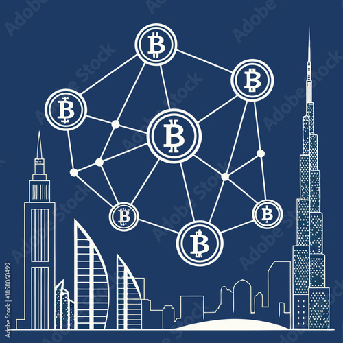 Bitcoin Network Over Dubai Skyline at Night