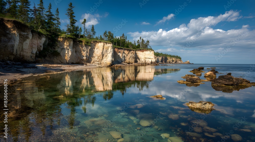 Obraz premium Scenic Coastal Cliffs Reflecting in Calm Ocean Waters Under a Blue Sky.