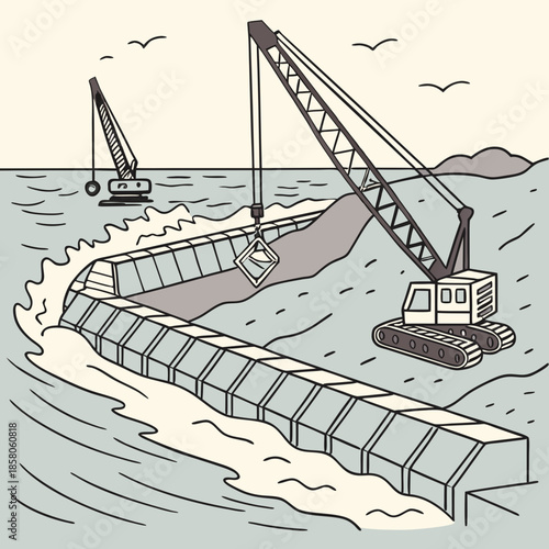 Coastal Construction Project: Cranes Building Seawall