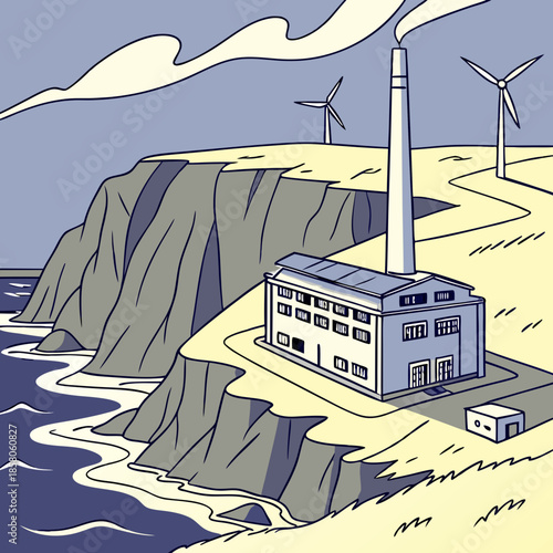 Coastal Factory with Wind Turbines