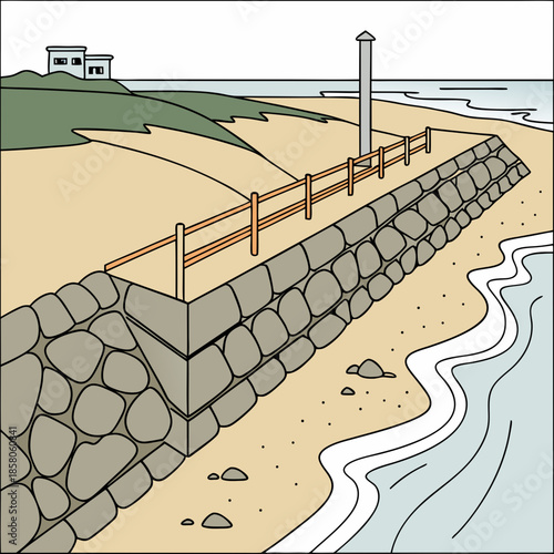 Coastal Stone Seawall with Wooden Fence and Beach House Illustration