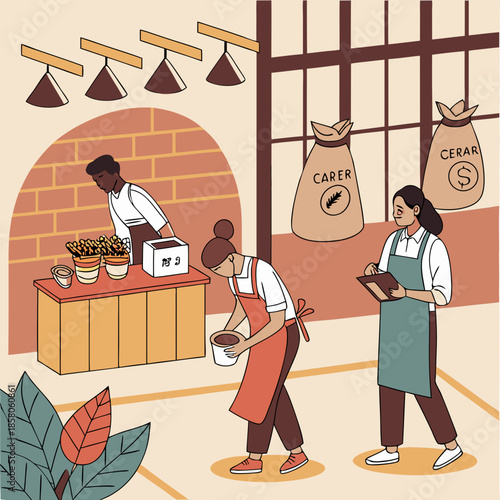 Coffee Shop Workers Preparing Coffee and Serving Customers