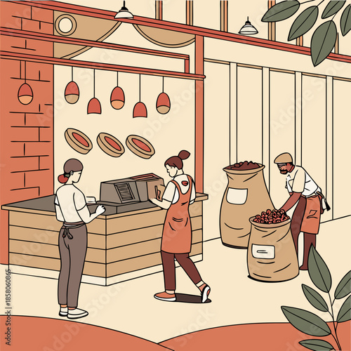 Coffee Shop Illustration: Baristas Serving Customers Amidst Coffee Bean Bags