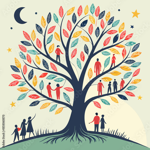 Colorful Family Tree Illustration with People on Branches