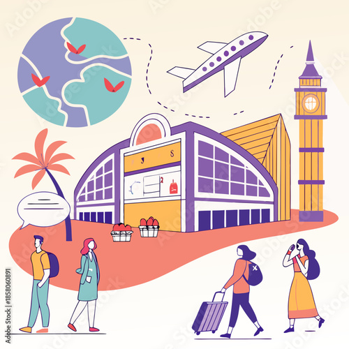 Colorful Illustration of Travelers at Airport with Airplane and Big Ben