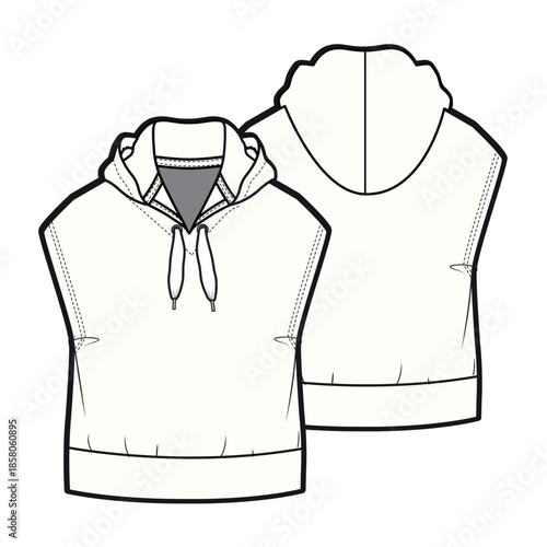 Kids sleeveless hoodies vector design technical flat drawing by adobe illustrator.