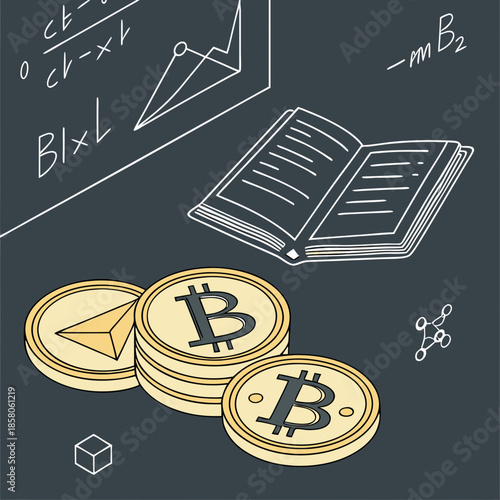 Cryptocurrency and Education: Bitcoin and Altcoin Stack on Chalkboard with Textbook
