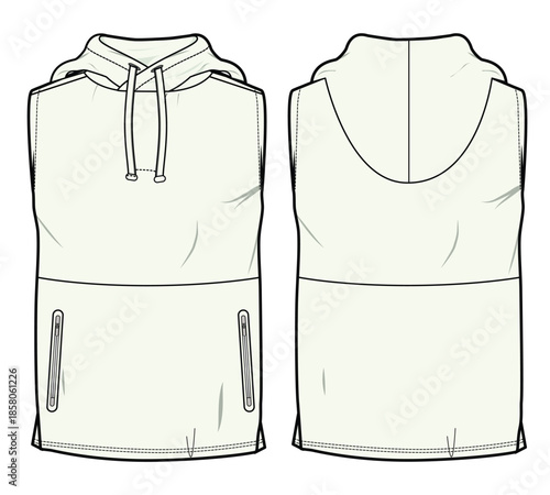 Sleeveless hooded jackets vector design mockup template technical flat sketch.