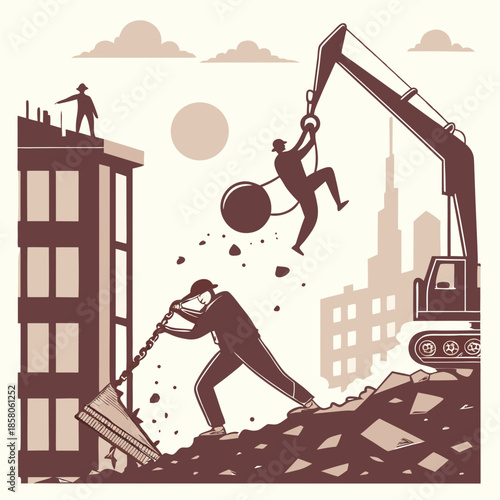 Demolition Workers and Excavator During City Construction