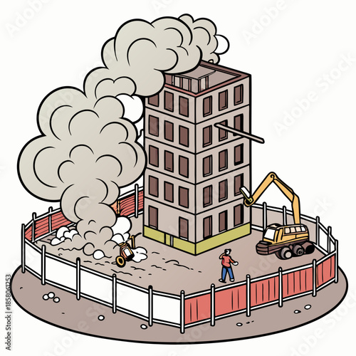 Demolition of a Multistory Building: Smoke and Excavator at Construction Site
