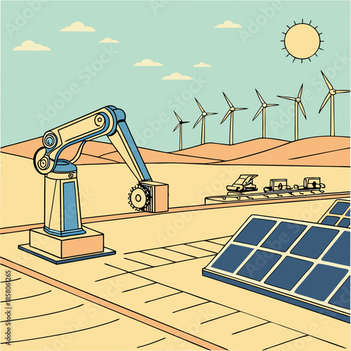 Desert Renewable Energy Landscape with Robotic Arm and Solar Panels