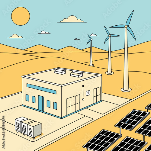 Desert Renewable Energy Facility with Solar Panels and Wind Turbines