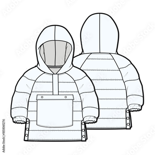 Kids quilted jacket design technical flat sketch vector mockup template.