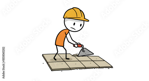 Hand-drawn stick figure construction worker in hard hat laying floor tiles with a trowel, isolated on white.